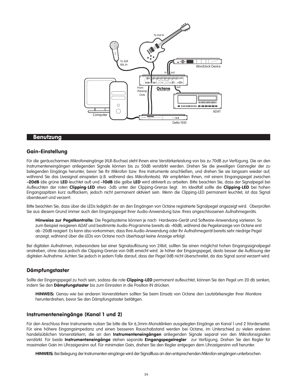 Benutzung, Gain-einstellung, Dämpfungstaster | Instrumenteneingänge (kanal 1 und 2) | M-AUDIO Octane User Manual | Page 24 / 47
