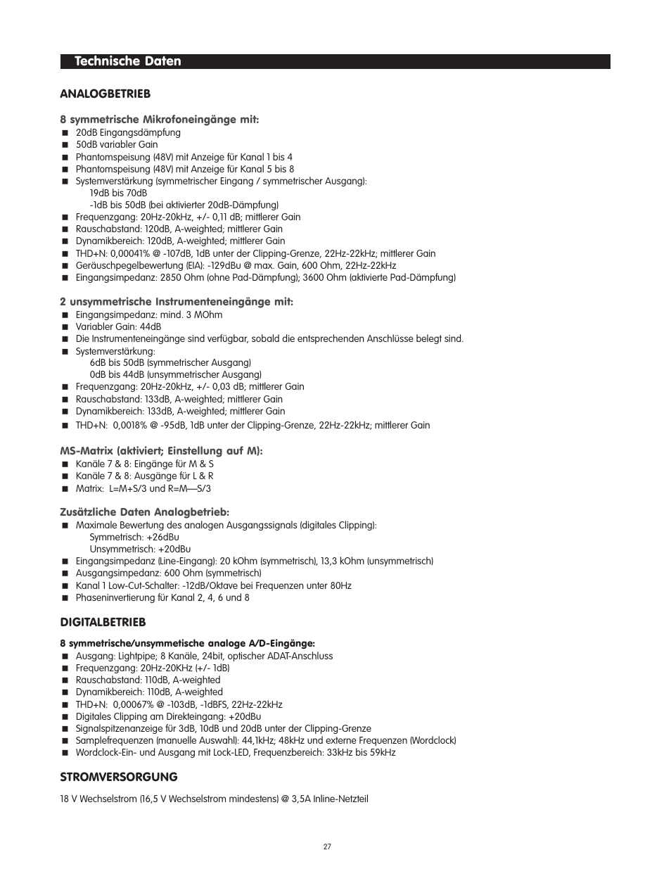 Technische daten | M-AUDIO Octane User Manual | Page 27 / 47