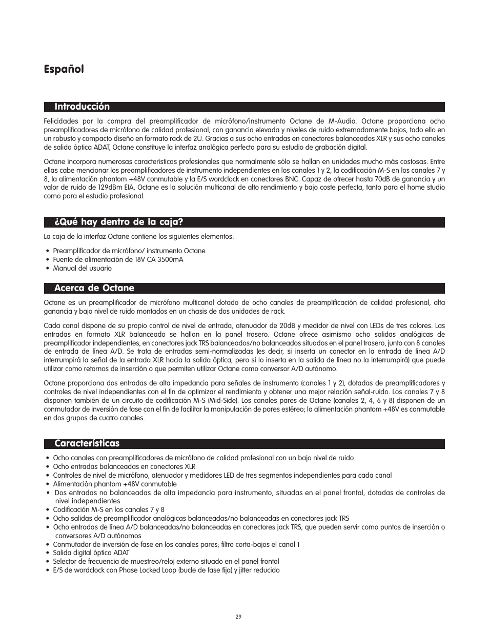 Espaœol, Introduccišn, Àqu” hay dentro de la caja | Acerca de octane, Caracter™sticas, Español, Introducción, Qué hay dentro de la caja, Características | M-AUDIO Octane User Manual | Page 29 / 47