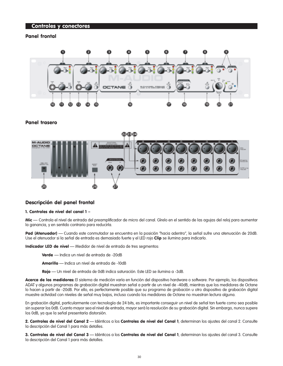Controles y conectores, Descripcišn del panel frontal, Descripción del panel frontal | M-AUDIO Octane User Manual | Page 30 / 47