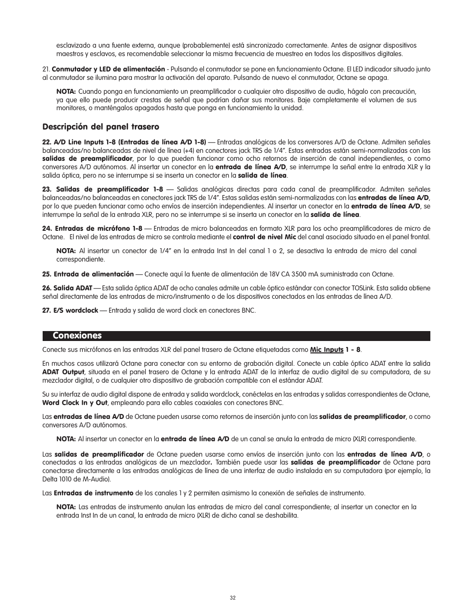 Descripcišn del panel trasero, Conexiones, Descripción del panel trasero | M-AUDIO Octane User Manual | Page 32 / 47