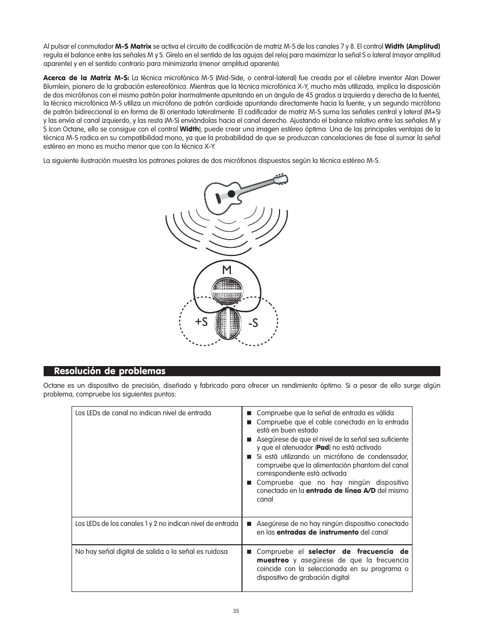 Resolucišn de problemas, Resolución de problemas, M+s -s | M-AUDIO Octane User Manual | Page 35 / 47
