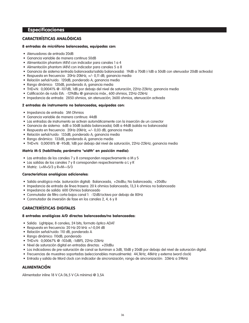 Especificaciones | M-AUDIO Octane User Manual | Page 36 / 47