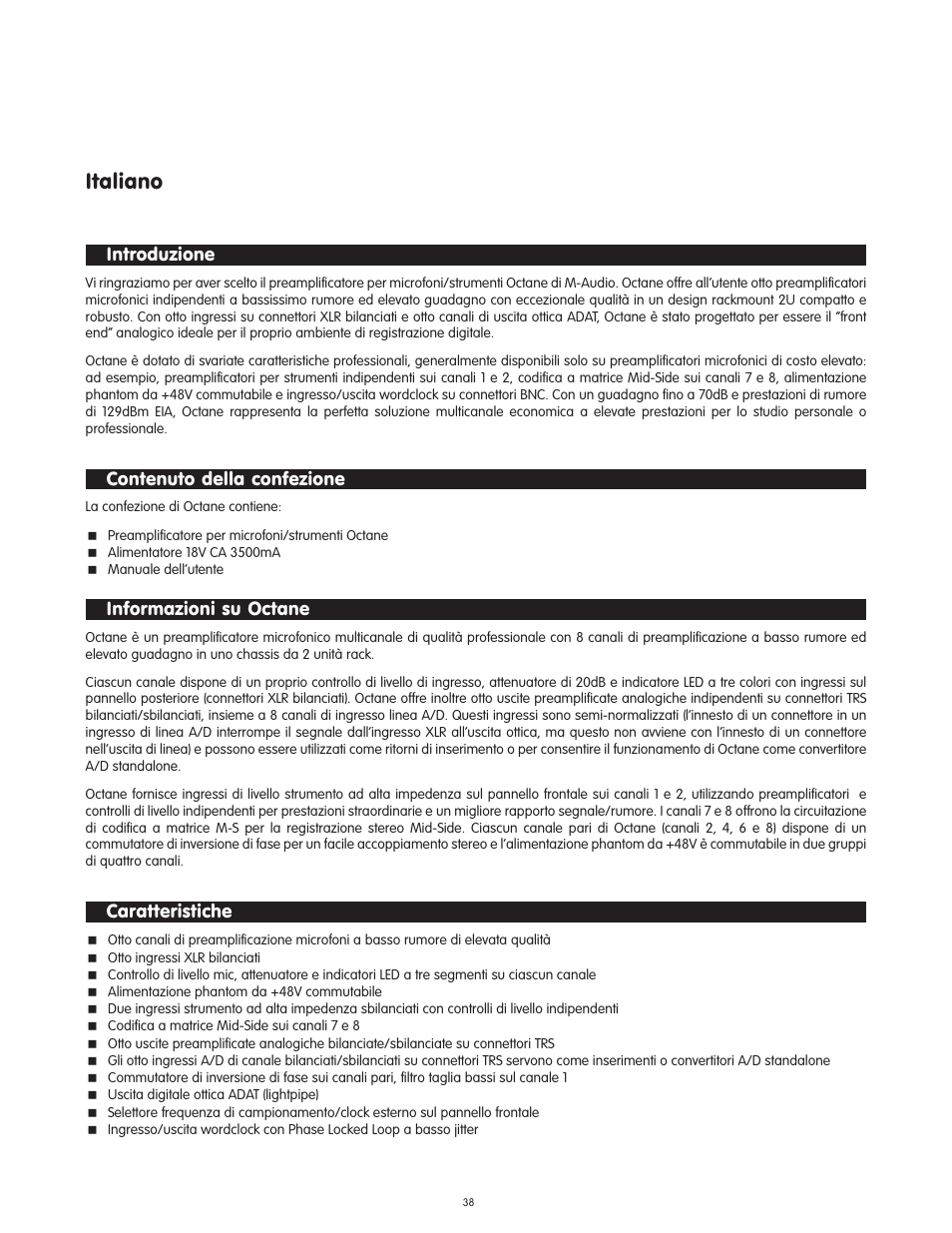 Italiano, Introduzione, Contenuto della confezione | Informazioni su octane, Caratteristiche | M-AUDIO Octane User Manual | Page 38 / 47