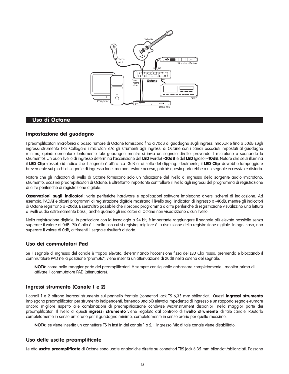 Uso di octane, Impostazione del guadagno, Uso dei commutatori pad | Ingressi strumento (canale 1 e 2), Uso delle uscite preamplificate | M-AUDIO Octane User Manual | Page 42 / 47