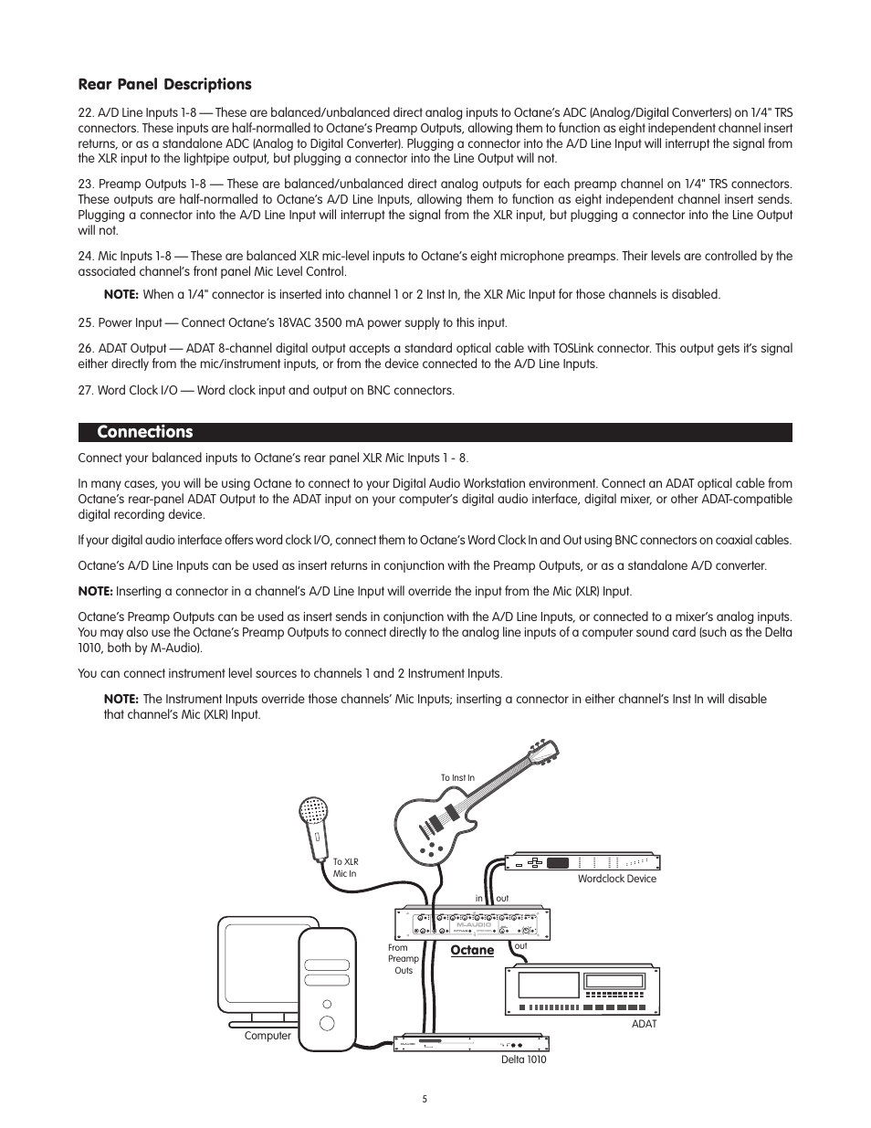 Rear panel descriptions, Connections | M-AUDIO Octane User Manual | Page 5 / 47