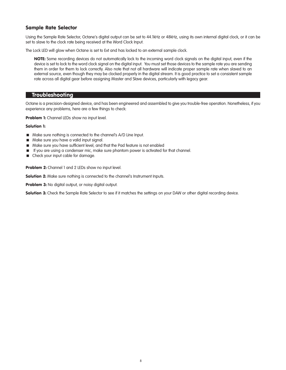 Troubleshooting | M-AUDIO Octane User Manual | Page 8 / 47