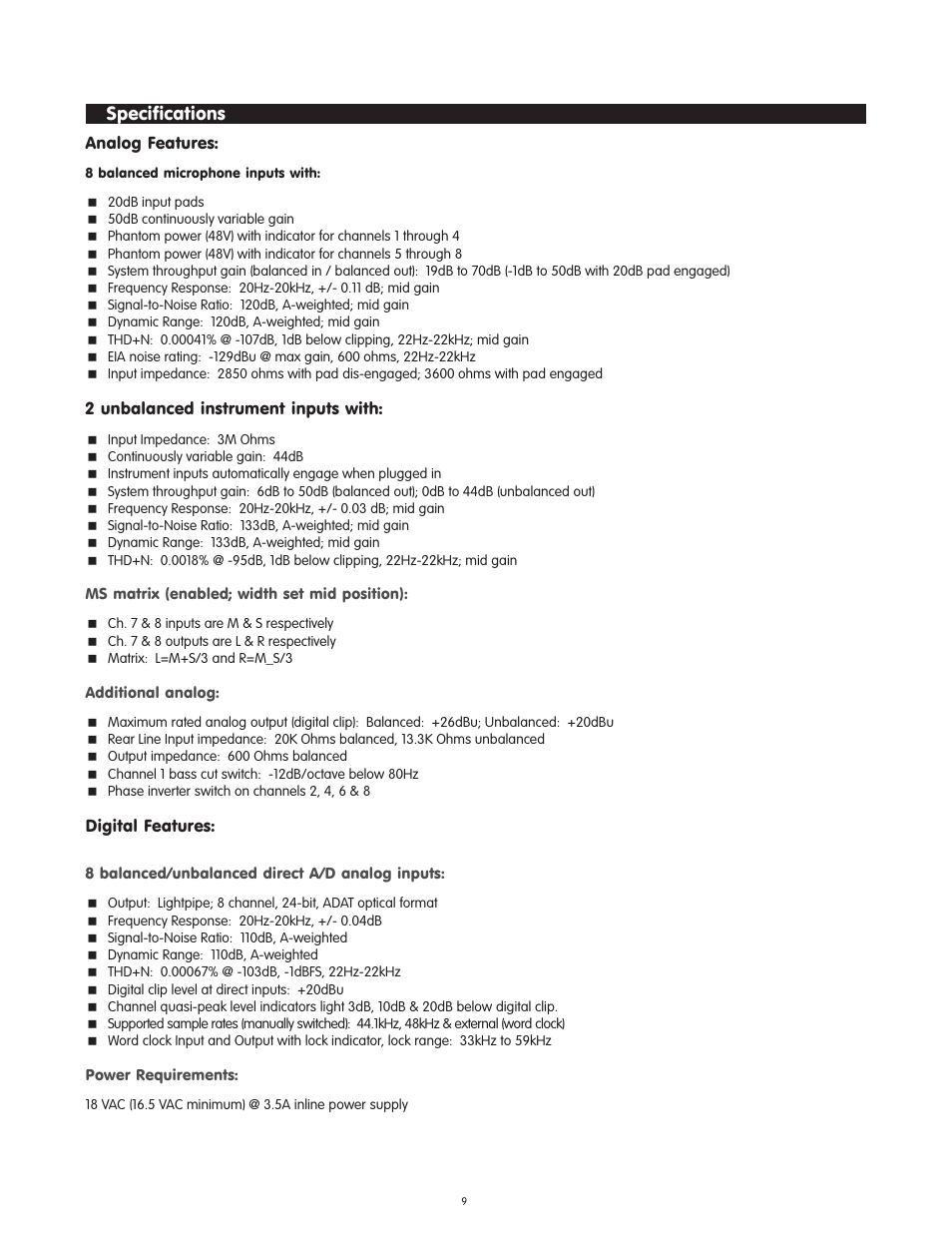 Specifications | M-AUDIO Octane User Manual | Page 9 / 47