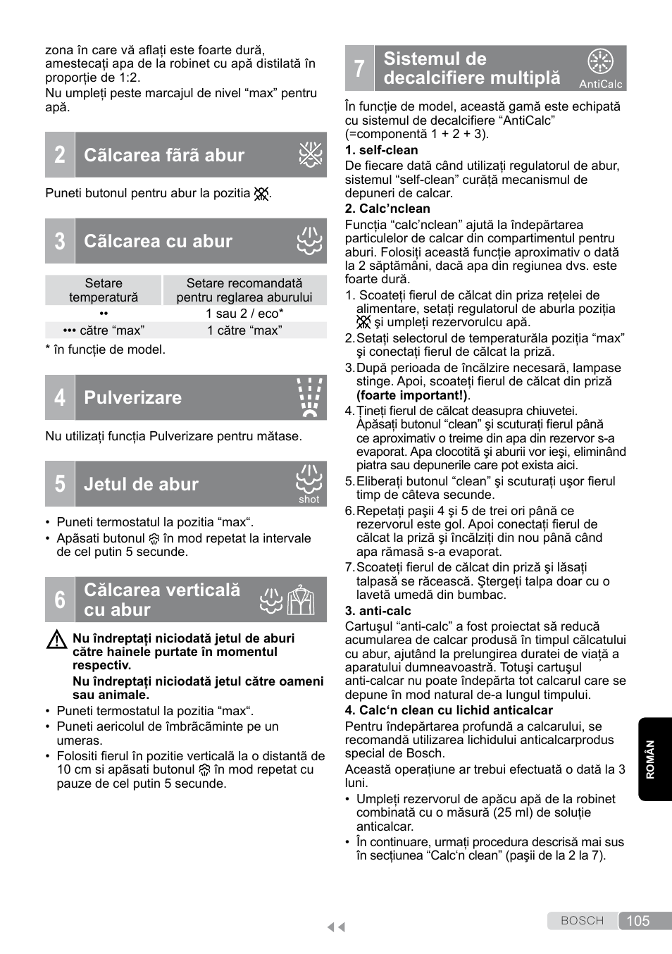 Cãlcarea fãrã abur, Cãlcarea cu abur, Pulverizare | Jetul de abur, Călcarea verticală cu abur, Sistemul de decalcifiere multiplă, Sistemul de decalciiere multiplă | Bosch Dampfbügeleisen Sensixxx DA50 EditionRosso TDA503001P schwarz rot User Manual | Page 105 / 114