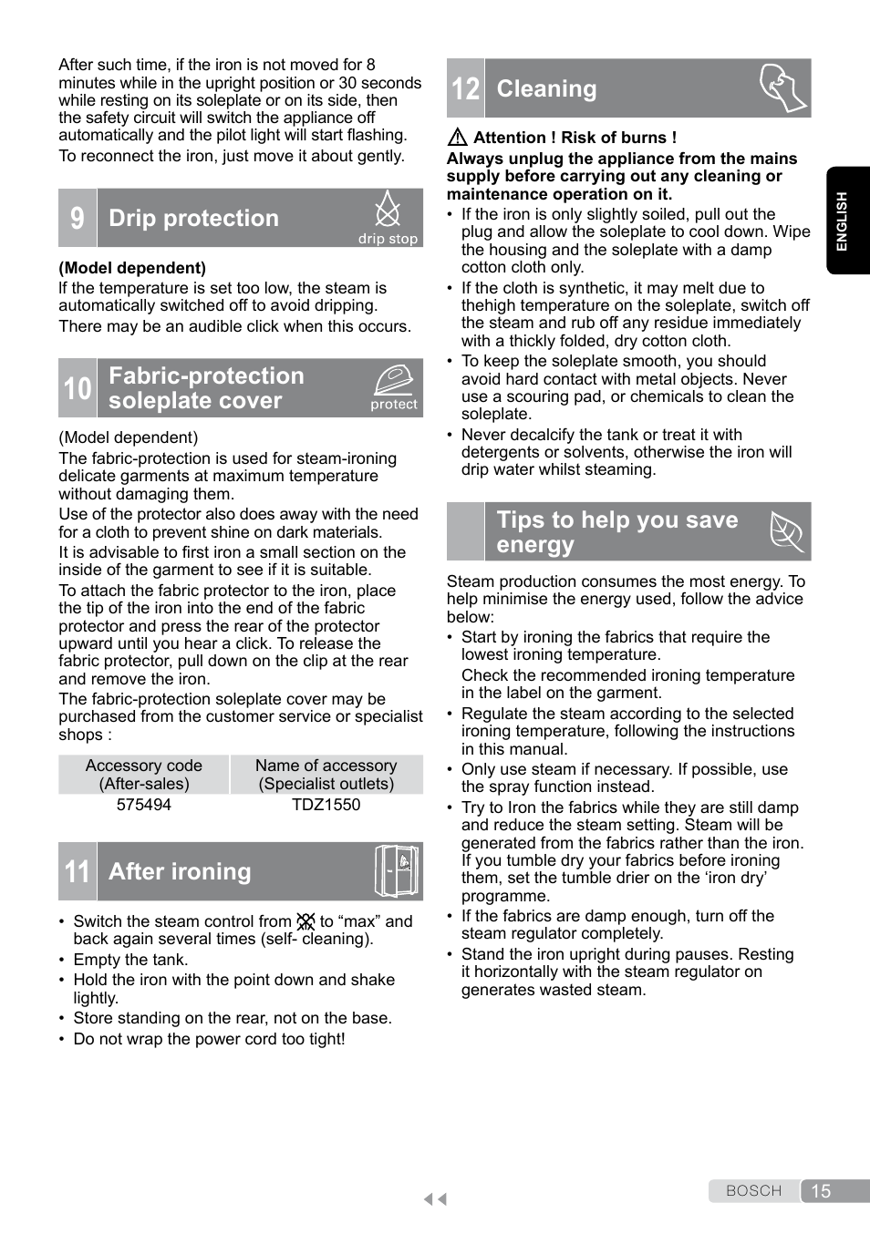 Drip protection, Fabric-protection soleplate cover, After ironing | Cleaning, Tips to help you save energy | Bosch Dampfbügeleisen Sensixxx DA50 EditionRosso TDA503001P schwarz rot User Manual | Page 15 / 114