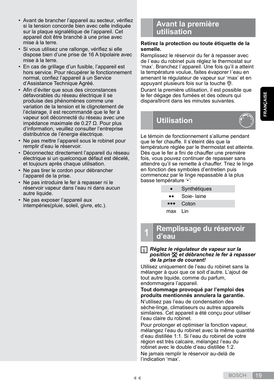 Avant la première utilisation, Utilisation, Remplissage du réservoir d’eau | Bosch Dampfbügeleisen Sensixxx DA50 EditionRosso TDA503001P schwarz rot User Manual | Page 19 / 114