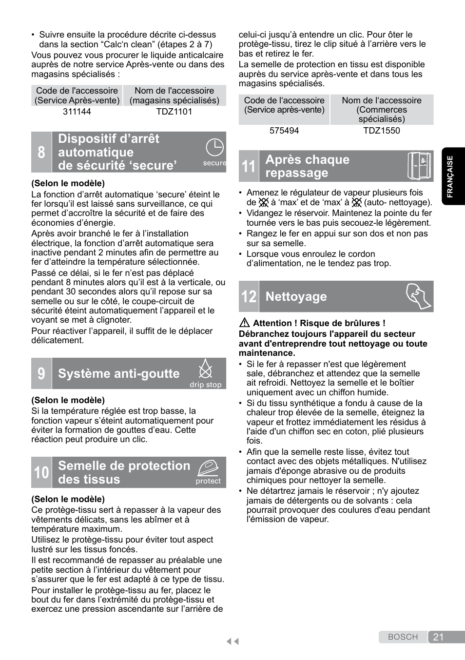 Dispositif d’arrêt automatique de sécurité ‘secure, Système anti-goutte, Semelle de protection des tissus | Après chaque repassage, Nettoyage | Bosch Dampfbügeleisen Sensixxx DA50 EditionRosso TDA503001P schwarz rot User Manual | Page 21 / 114