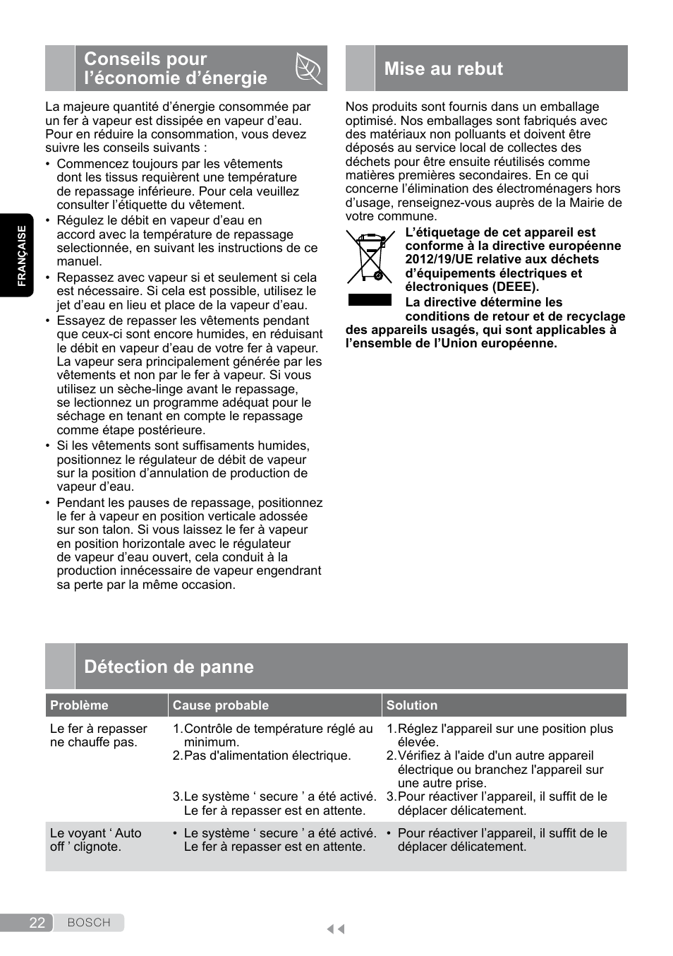 Conseils pour l’économie d’énergie, Mise au rebut, Détection de panne | Bosch Dampfbügeleisen Sensixxx DA50 EditionRosso TDA503001P schwarz rot User Manual | Page 22 / 114