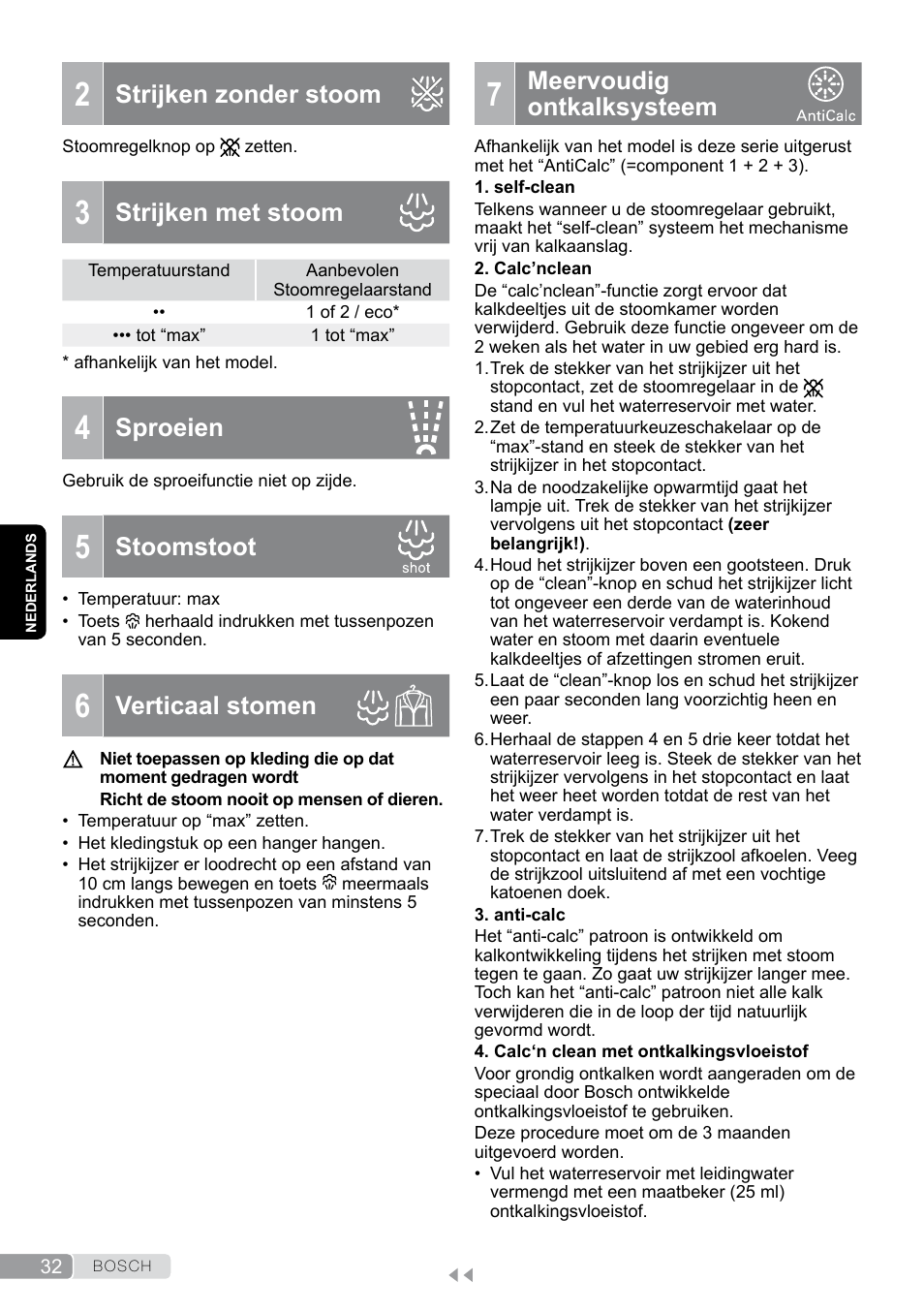 Strijken zonder stoom, Strijken met stoom, Sproeien | Stoomstoot, Verticaal stomen, Meervoudig ontkalksysteem | Bosch Dampfbügeleisen Sensixxx DA50 EditionRosso TDA503001P schwarz rot User Manual | Page 32 / 114