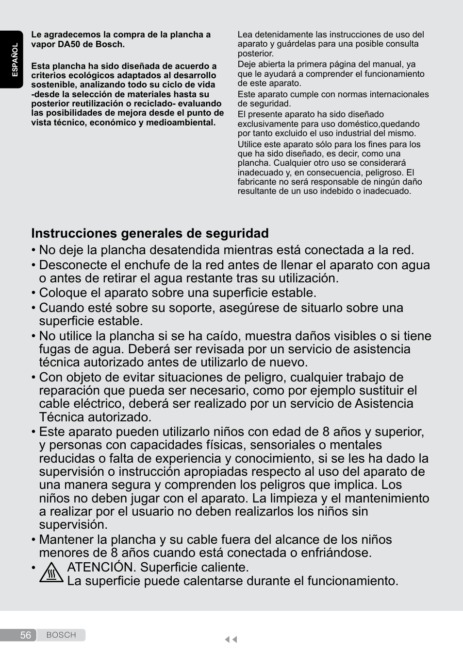 Español, Instrucciones generales de seguridad | Bosch Dampfbügeleisen Sensixxx DA50 EditionRosso TDA503001P schwarz rot User Manual | Page 56 / 114