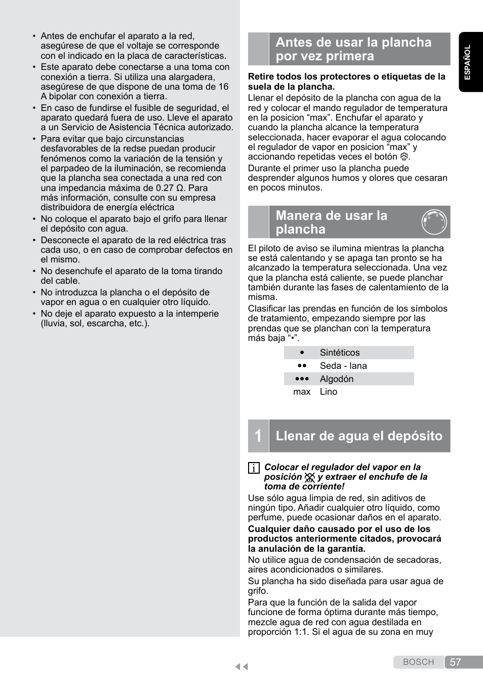 Antes de usar la plancha por vez primera, Manera de usar la plancha, Llenar de agua el depósito | Bosch Dampfbügeleisen Sensixxx DA50 EditionRosso TDA503001P schwarz rot User Manual | Page 57 / 114