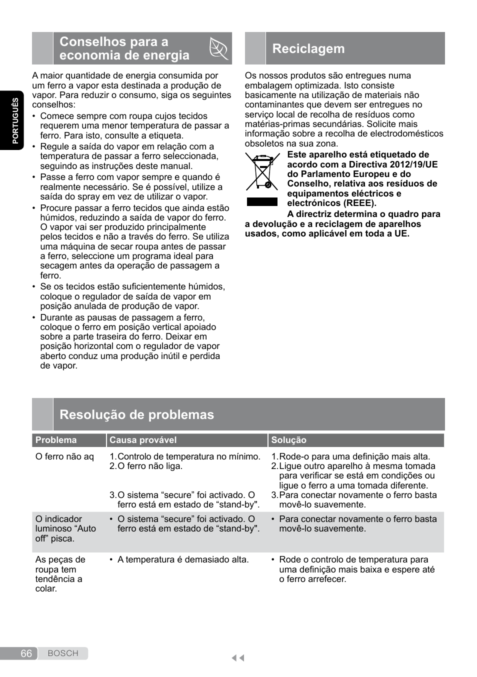 Conselhos para a economia de energia, Reciclagem, Resolução de problemas | Bosch Dampfbügeleisen Sensixxx DA50 EditionRosso TDA503001P schwarz rot User Manual | Page 66 / 114