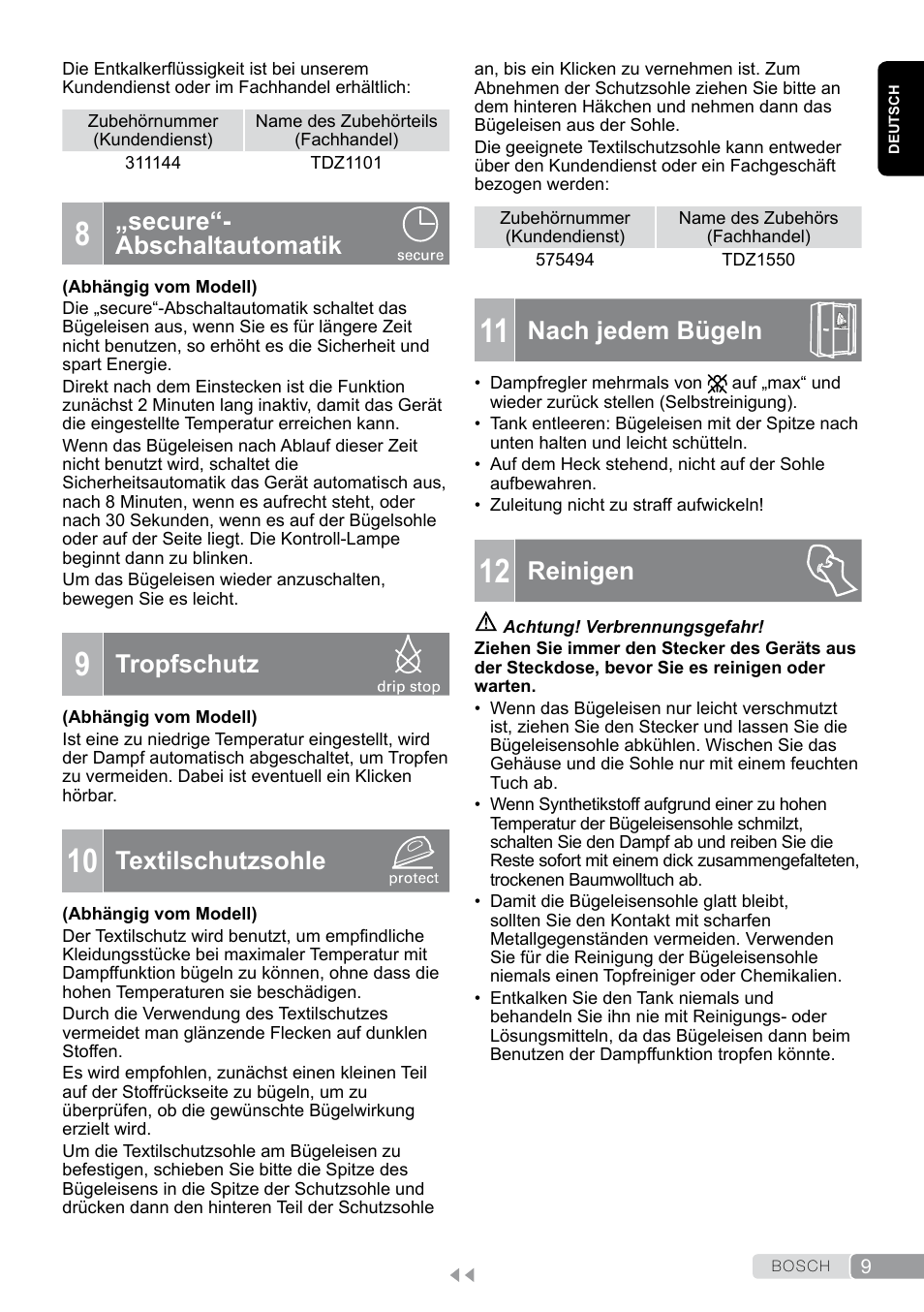 Tropfschutz, Textilschutzsohle, Nach jedem bügeln | Reinigen, Secure“- abschaltautomatik | Bosch Dampfbügeleisen Sensixxx DA50 EditionRosso TDA503001P schwarz rot User Manual | Page 9 / 114