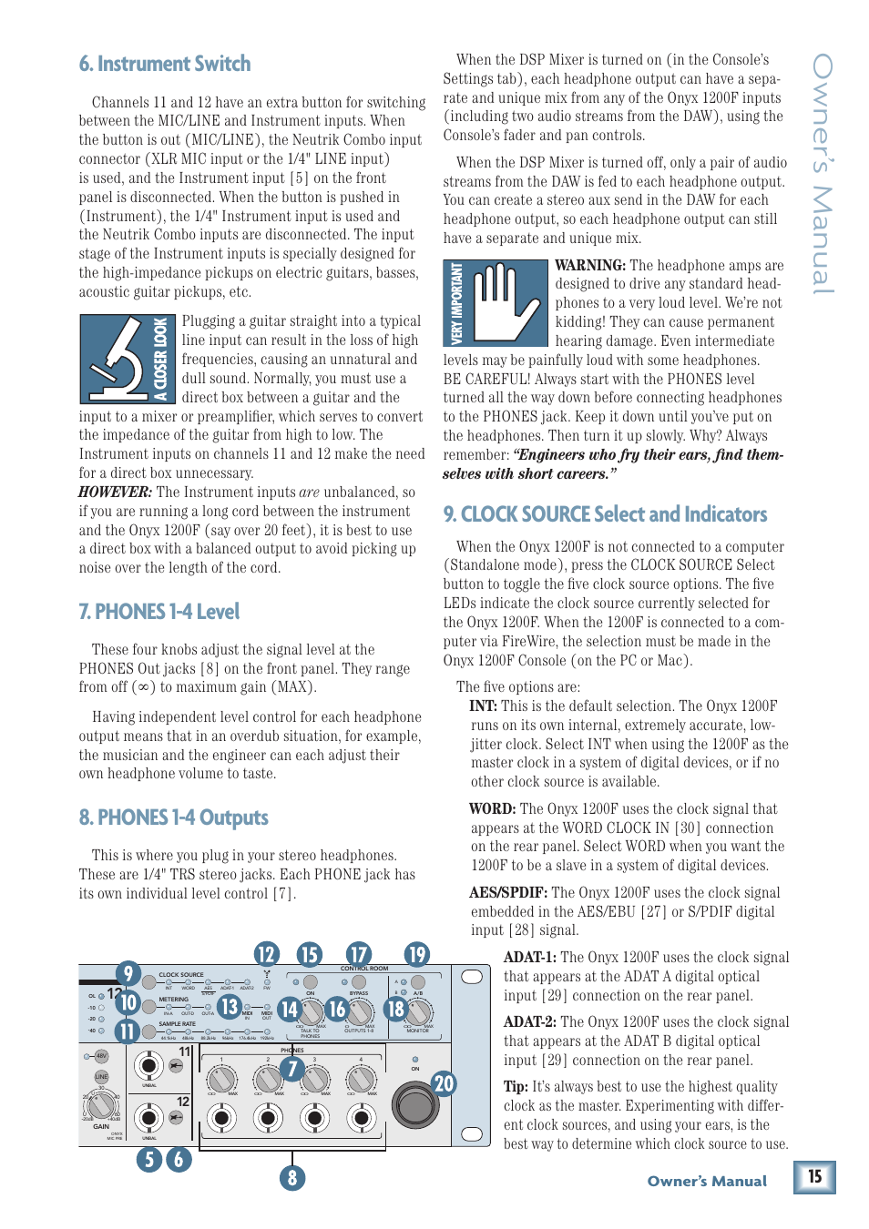 Instrument switch, Phones 1-4 level, Phones 1-4 outputs | Clock source select and indicators, Owner’ s manual, Owner’s manual | MACKIE ONYX 1200F User Manual | Page 15 / 40