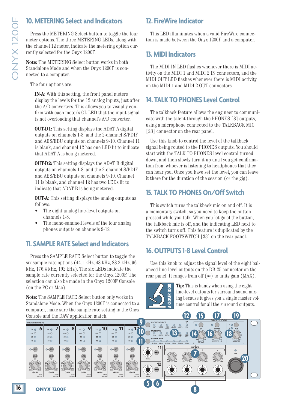 Metering select and indicators, Sample rate select and indicators, Firewire indicator | Midi indicators, Talk to phones level control, Talk to phones on/off switch, Outputs 1-8 level control, Onyx 1200f, 1. firewire indicator, 1. midi indicators | MACKIE ONYX 1200F User Manual | Page 16 / 40