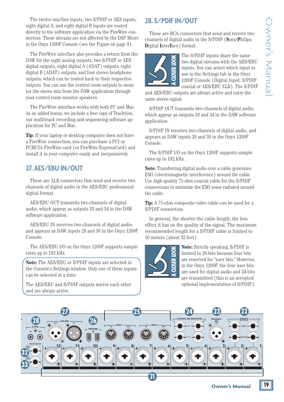 Aes/ebu in/out, S/pdif in/out, Aes/ebu in/out 8. s/pdif in/out | Owner’ s manual, Owner’s manual | MACKIE ONYX 1200F User Manual | Page 19 / 40