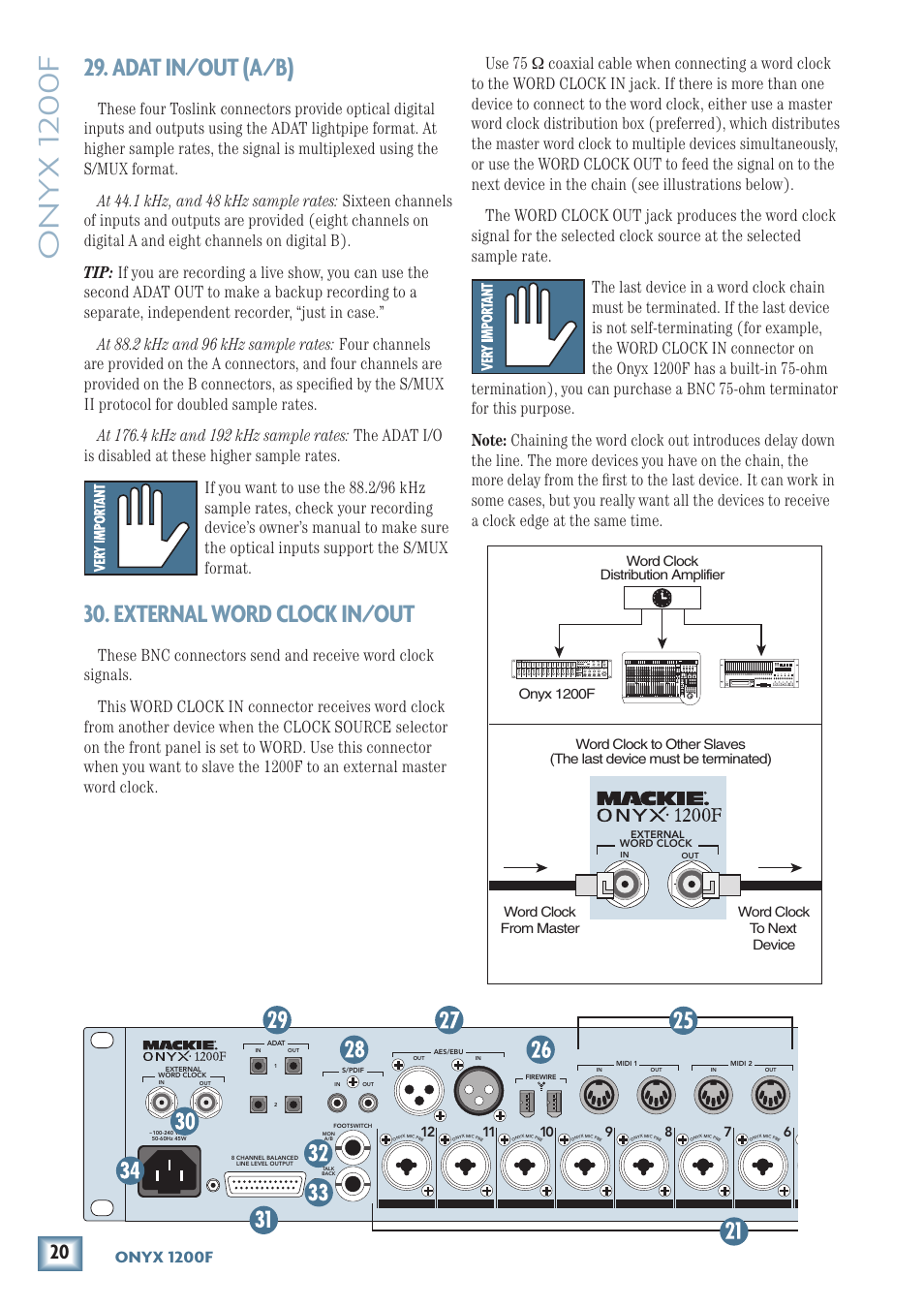 Adat in/out (a/b), External word clock in/out, Onyx 1200f | Onyx 100f | MACKIE ONYX 1200F User Manual | Page 20 / 40