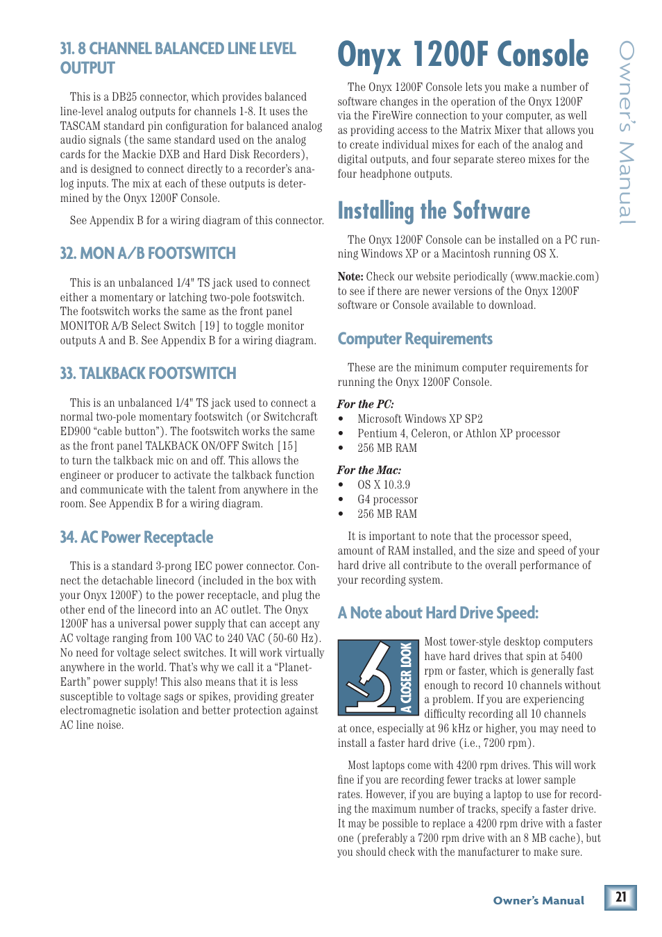 8 channel balanced line level output, Mon a/b footswitch, Talkback footswitch | Ac power receptacle, Onyx 1200f console, Installing the software, Computer requirements, A note about hard drive speed, Owner’ s manual | MACKIE ONYX 1200F User Manual | Page 21 / 40