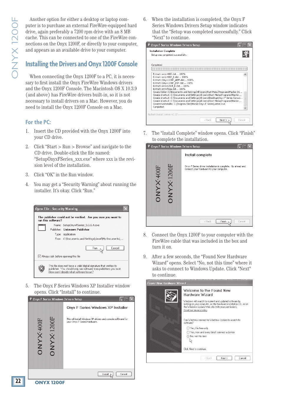 Installing the drivers and onyx 1200f console, Installing the drivers and onyx 100f console, Onyx 1200f | For the pc | MACKIE ONYX 1200F User Manual | Page 22 / 40