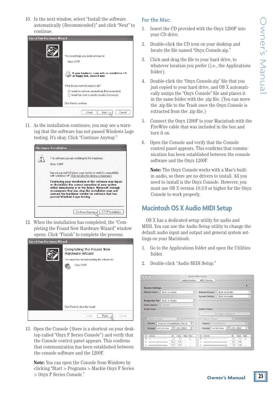 Macintosh os x audio midi setup, Owner’ s manual, For the mac | MACKIE ONYX 1200F User Manual | Page 23 / 40