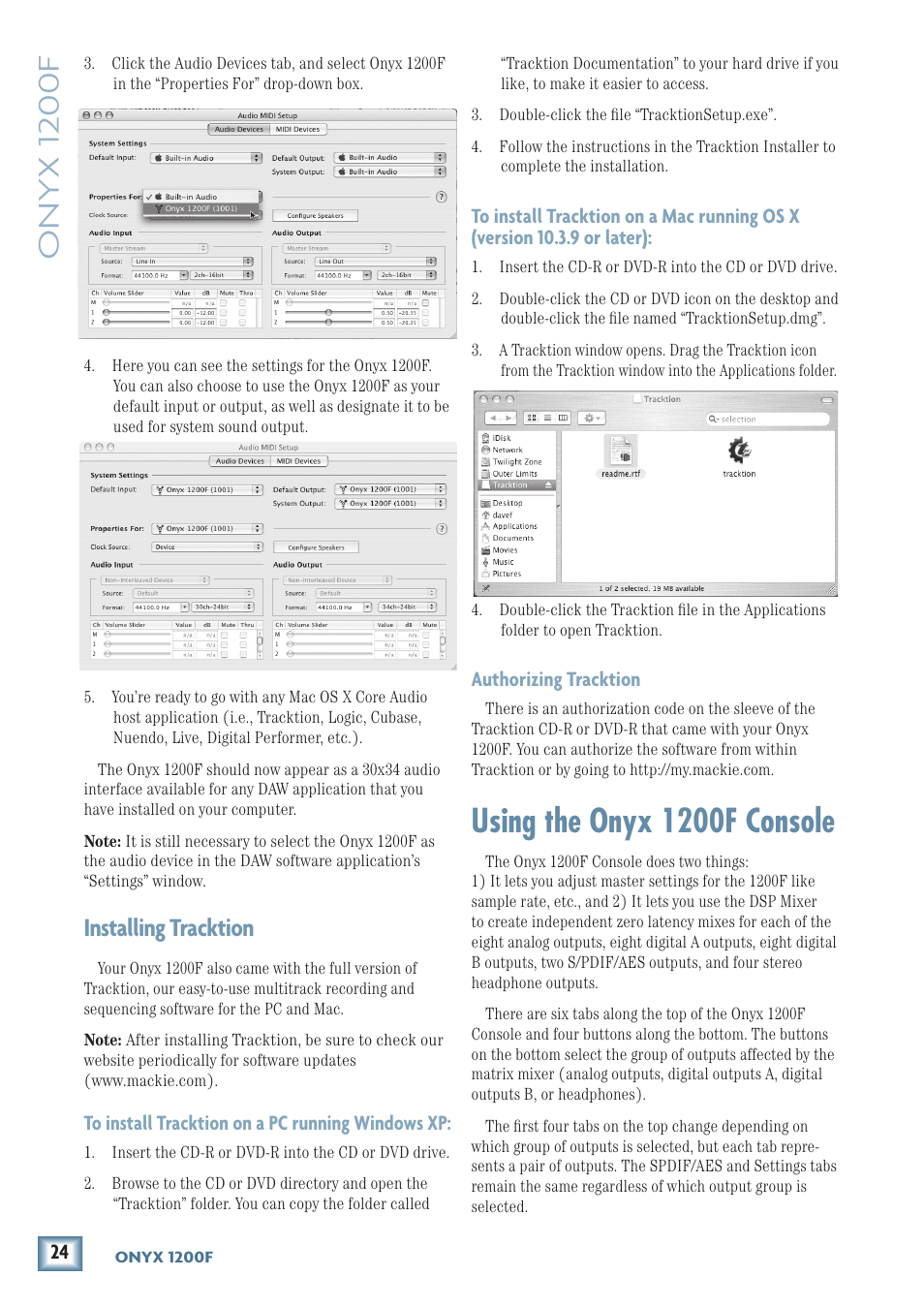 Installing tracktion 2, Using the onyx 1200f console, Onyx 1200f | Installing tracktion, Authorizing tracktion | MACKIE ONYX 1200F User Manual | Page 24 / 40