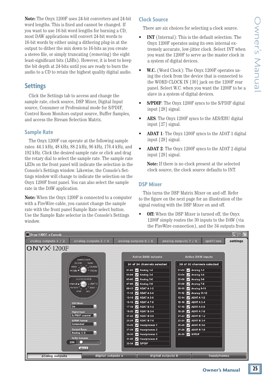 Settings, Owner’ s manual, Sample rate | Clock source, Dsp mixer | MACKIE ONYX 1200F User Manual | Page 25 / 40