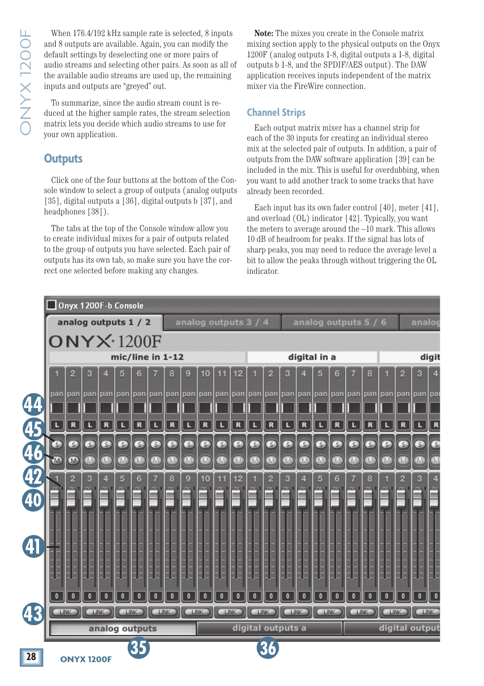 Outputs, Onyx 1200f | MACKIE ONYX 1200F User Manual | Page 28 / 40