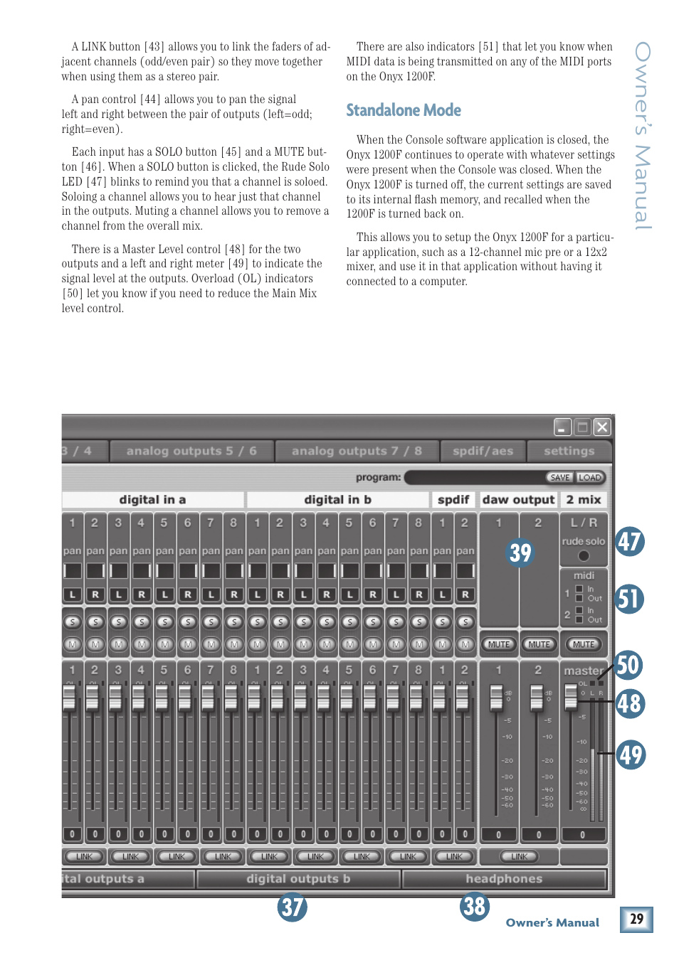 Standalone mode, Owner’ s manual | MACKIE ONYX 1200F User Manual | Page 29 / 40