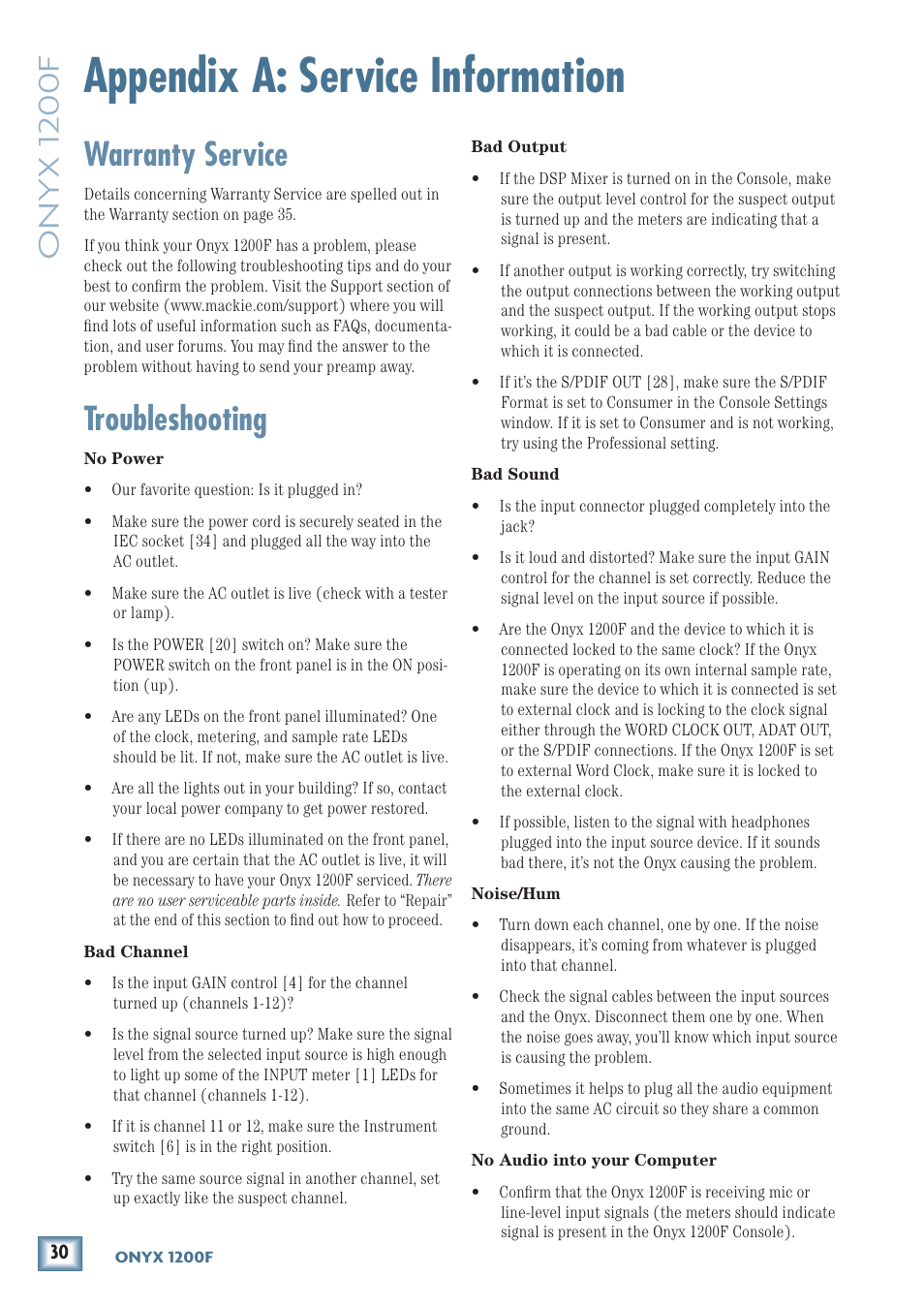 Appendix a: service information, Warranty service, Troubleshooting | Onyx 1200f | MACKIE ONYX 1200F User Manual | Page 30 / 40