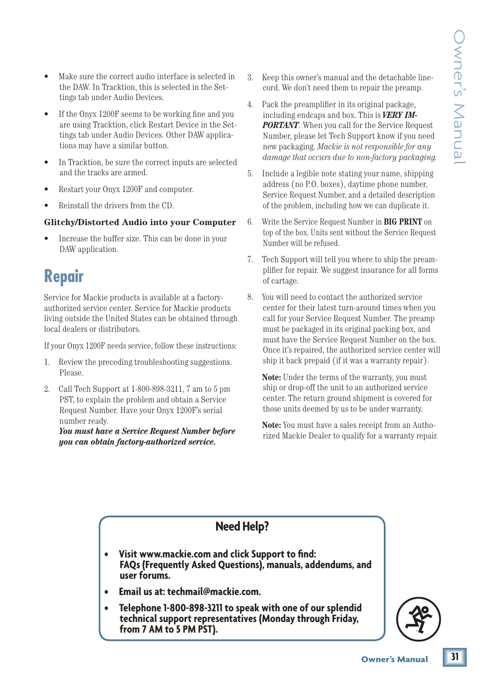 Repair, Owner’ s manual, Need help | MACKIE ONYX 1200F User Manual | Page 31 / 40