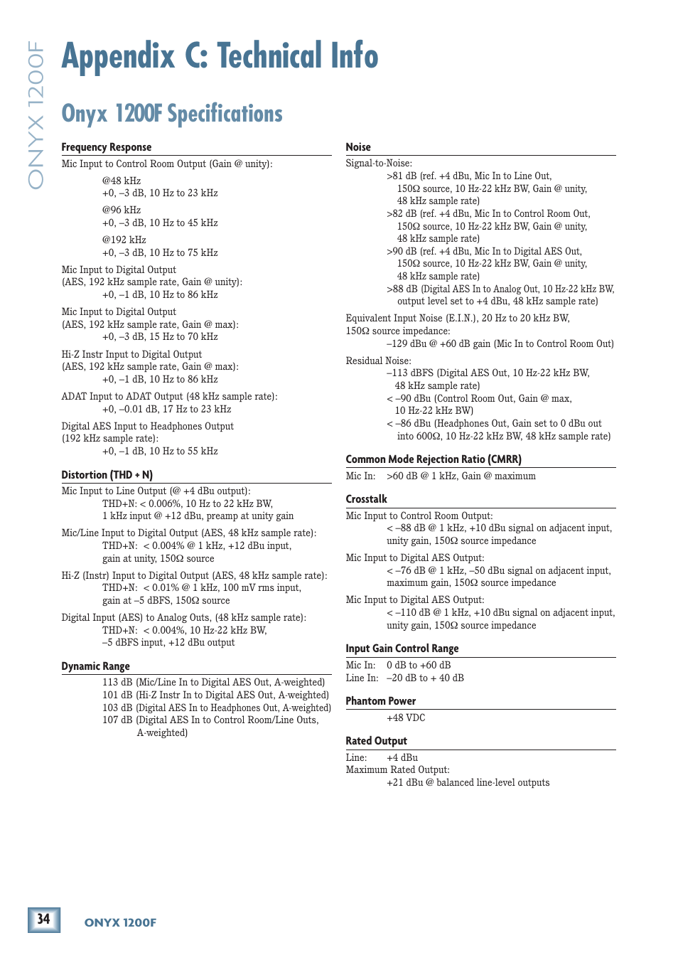 Appendix c: technical info, Onyx 1200f specifications, Onyx 1200f | MACKIE ONYX 1200F User Manual | Page 34 / 40