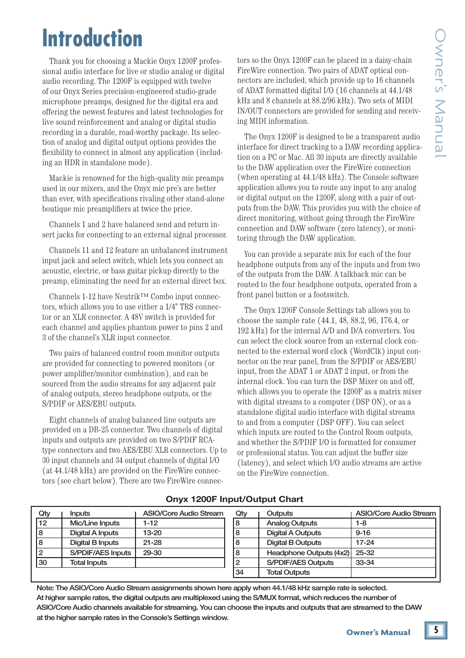 Introduction, Owner’ s manual | MACKIE ONYX 1200F User Manual | Page 5 / 40
