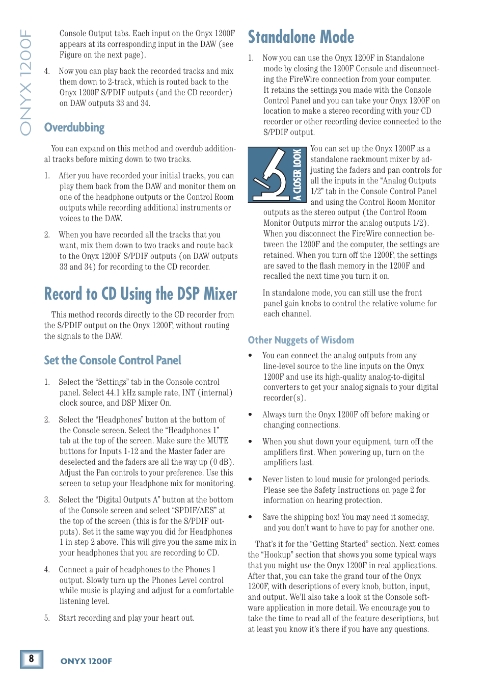 Record to cd using the dsp mixer, Standalone mode, Record to cd using the dsp mixer standalone mode | Onyx 1200f, Overdubbing, Set the console control panel | MACKIE ONYX 1200F User Manual | Page 8 / 40