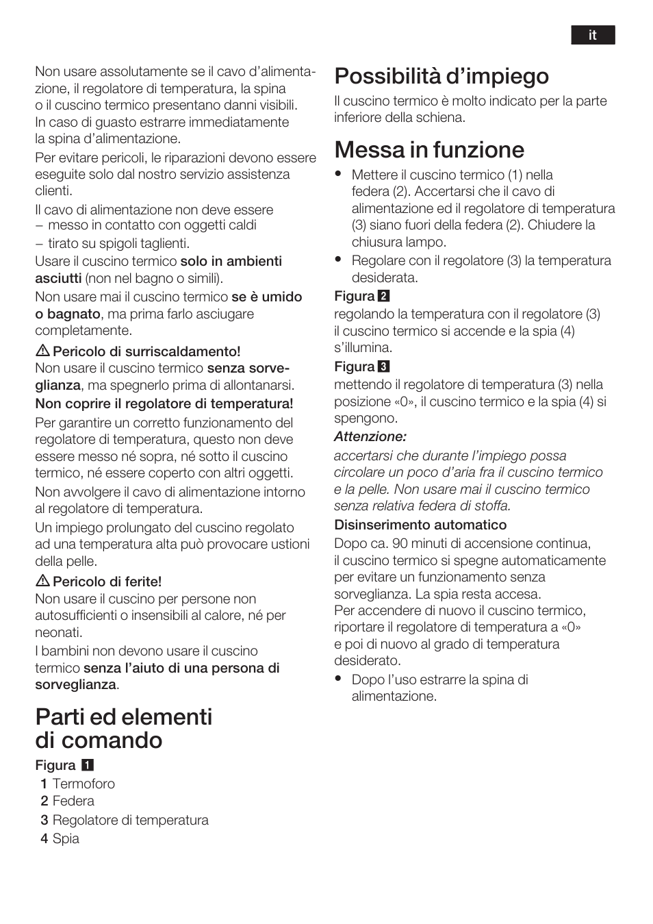 Parti ed elementi di comando, Messa in funzione, Possibilità d'impiego | Bosch PFP5230 Heizkissen relaxxtherm active User Manual | Page 10 / 47