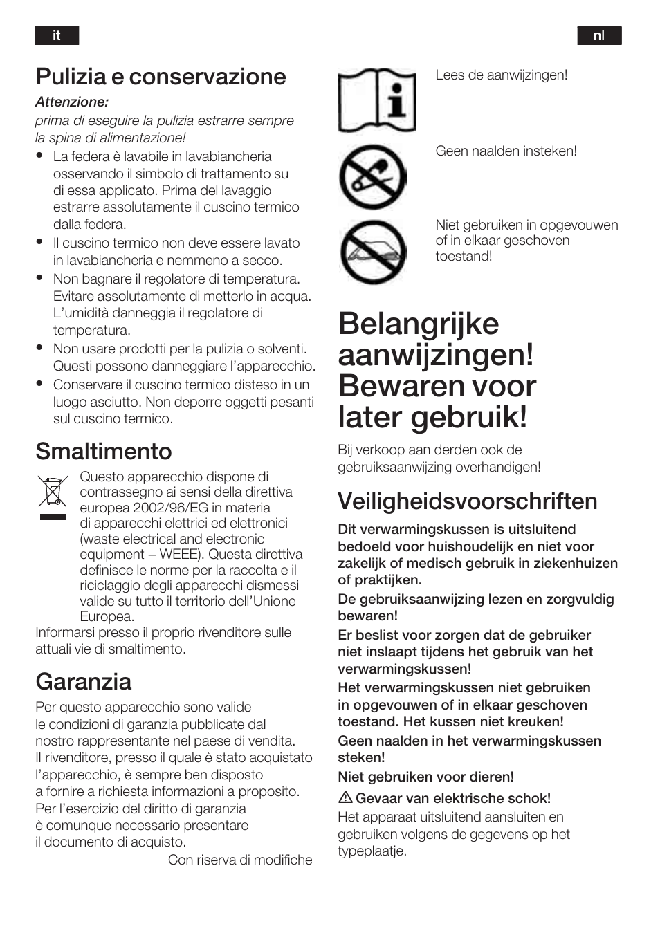 Pulizia e conservazione, Smaltimento, Garanzia | Veiligheidsvoorschriften | Bosch PFP5230 Heizkissen relaxxtherm active User Manual | Page 11 / 47