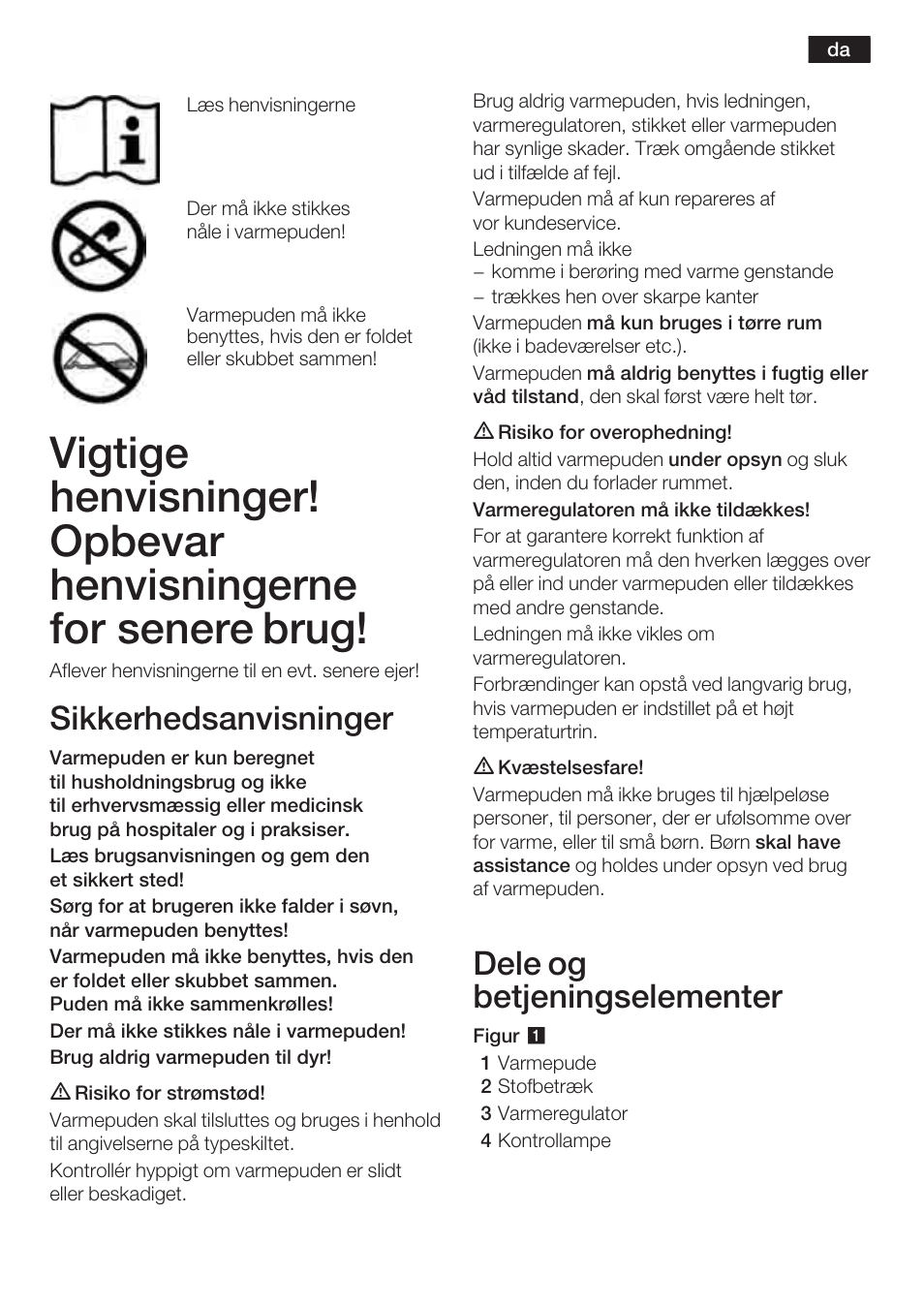 Sikkerhedsanvisninger, Dele og betjeningselementer | Bosch PFP5230 Heizkissen relaxxtherm active User Manual | Page 14 / 47