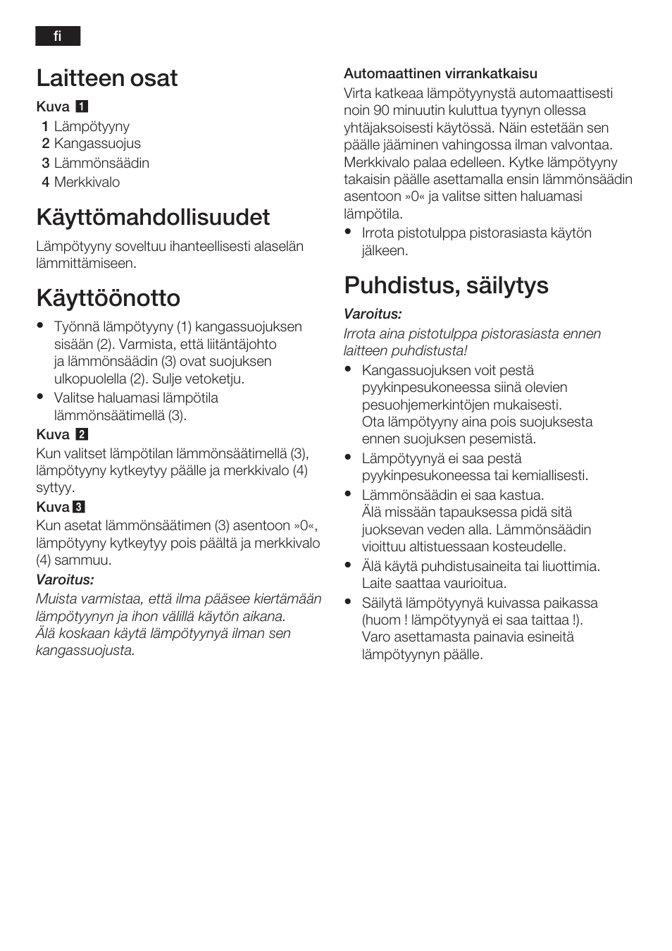 Laitteen osat, Käyttöönotto, Puhdistus, säilytys | Käyttömahdollisuudet | Bosch PFP5230 Heizkissen relaxxtherm active User Manual | Page 21 / 47