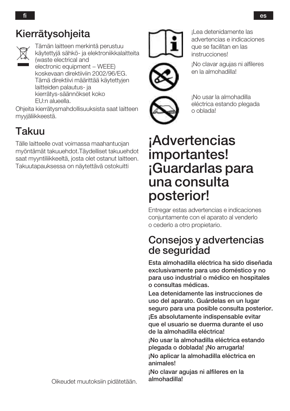 Kierrätysohjeita, Takuu, Consejos y advertencias de seguridad | Bosch PFP5230 Heizkissen relaxxtherm active User Manual | Page 22 / 47