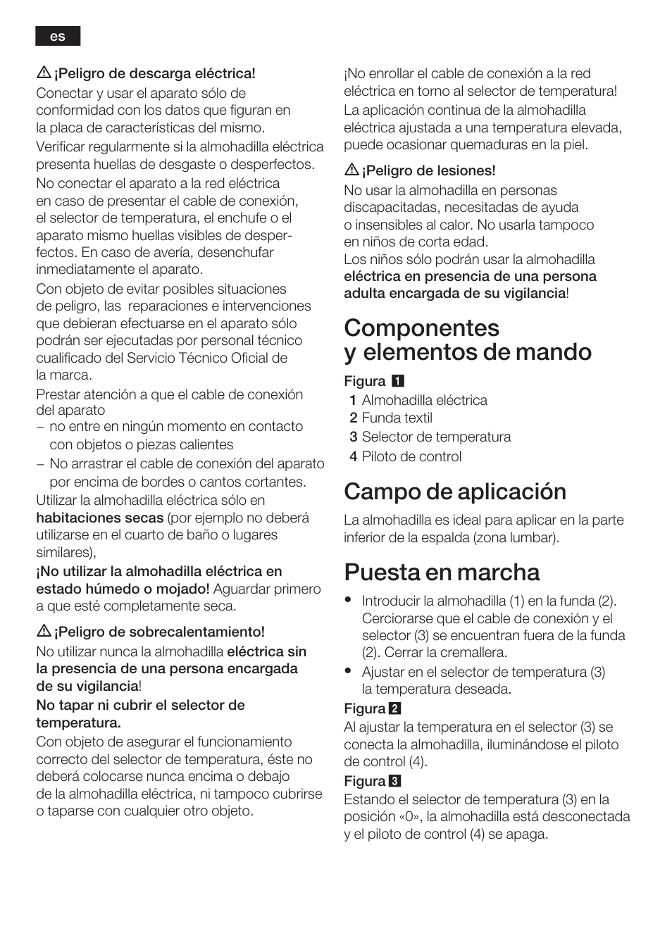 Componentes y elementos de mando, Puesta en marcha, Campo de aplicación | Bosch PFP5230 Heizkissen relaxxtherm active User Manual | Page 23 / 47