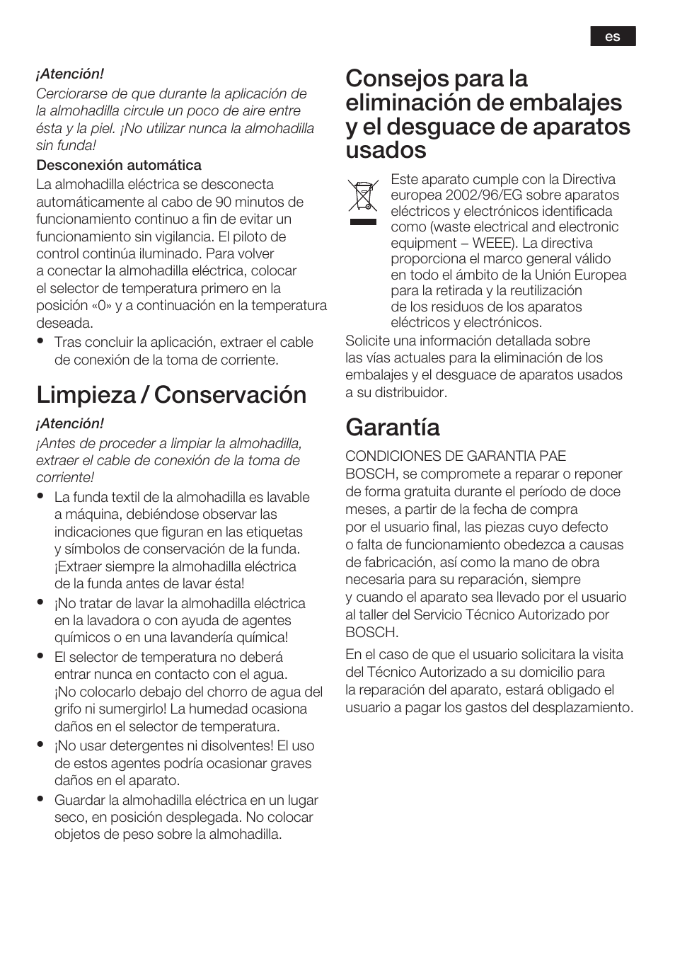 Limpieza / conservación, Garantía | Bosch PFP5230 Heizkissen relaxxtherm active User Manual | Page 24 / 47