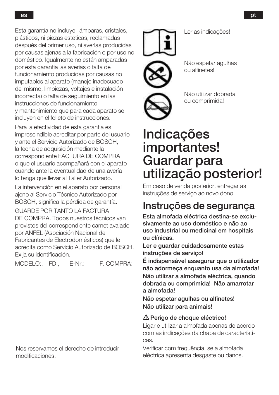 Instruções de segurança | Bosch PFP5230 Heizkissen relaxxtherm active User Manual | Page 25 / 47