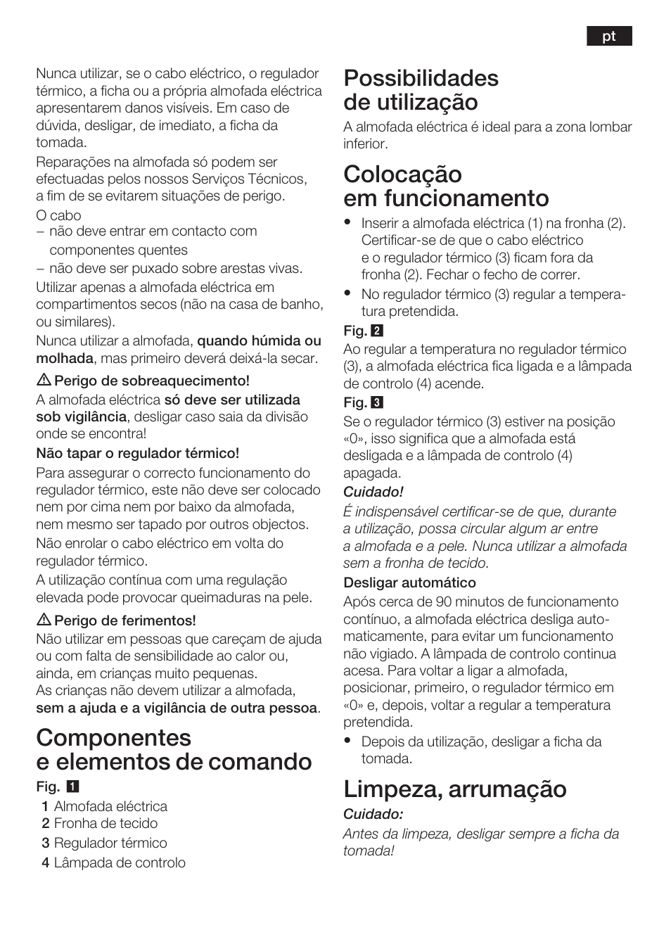 Componentes e elementos de comando, Colocação em funcionamento, Limpeza, arrumação | Possibilidades de utilização | Bosch PFP5230 Heizkissen relaxxtherm active User Manual | Page 26 / 47