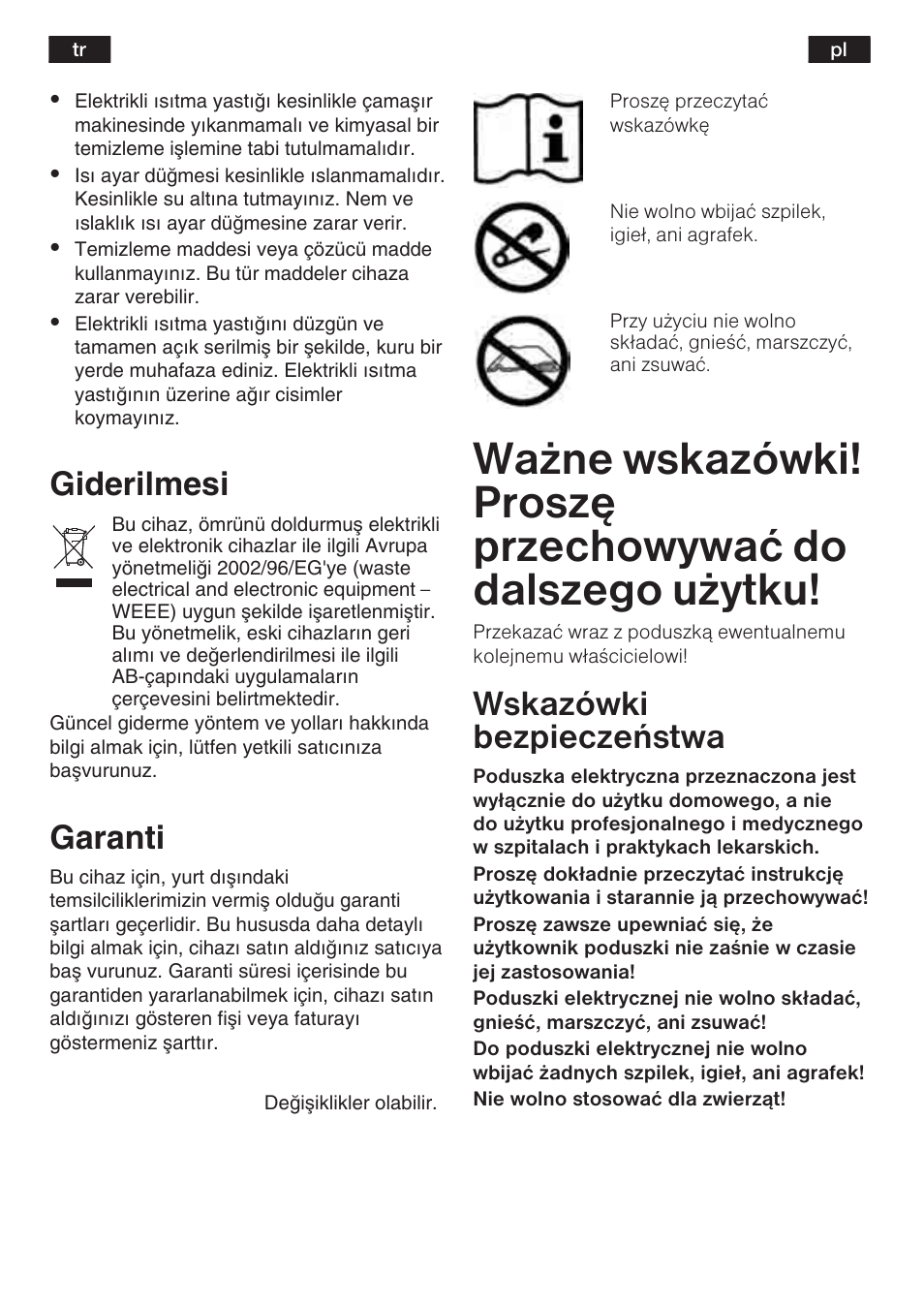 Giderilmesi, Garanti, Wskazówki bezpieczeñstwa | 31 s | Bosch PFP5230 Heizkissen relaxxtherm active User Manual | Page 32 / 47