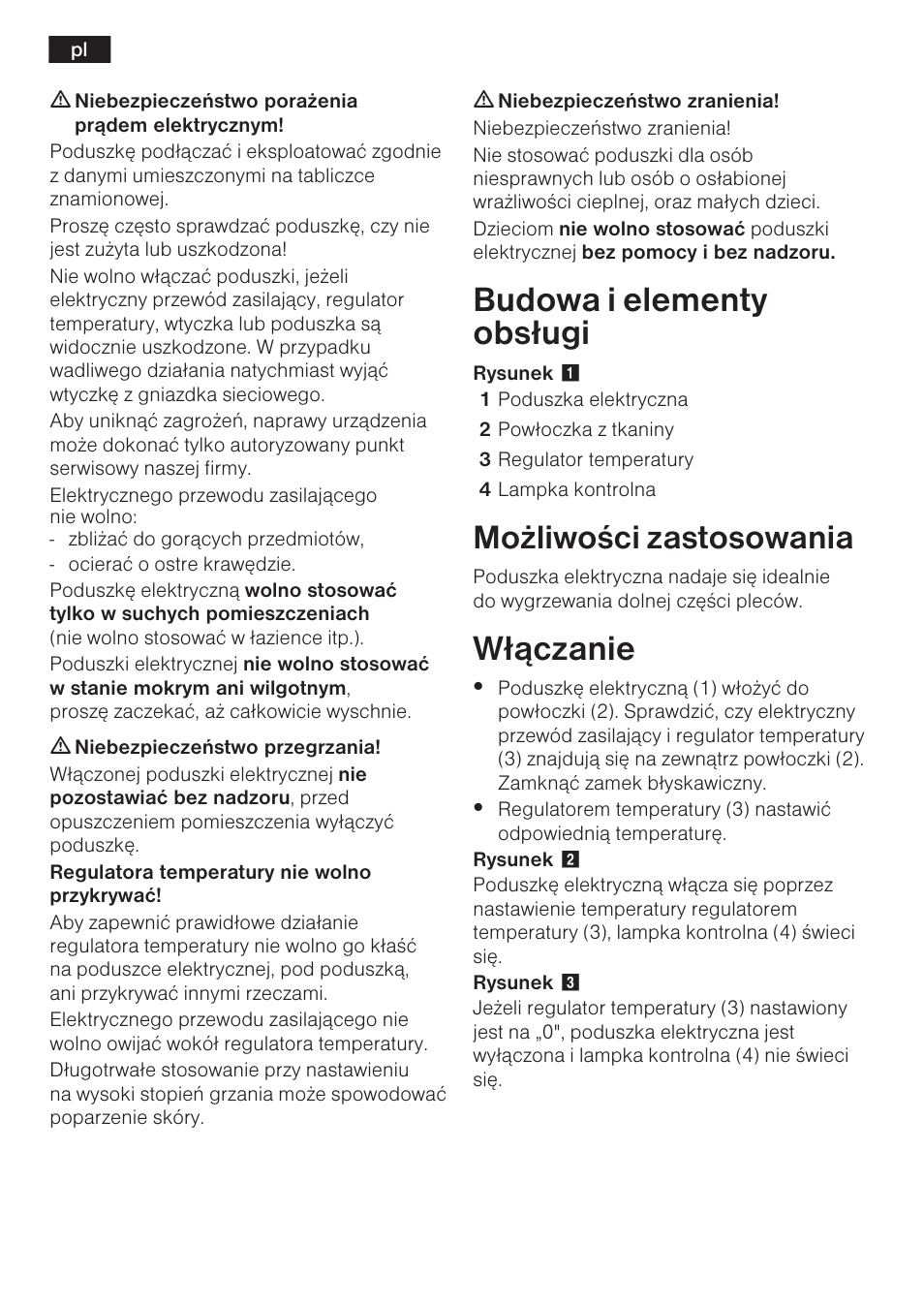 Budowa i elementy obs³ugi, W³¹czanie, Mo¿liwoci zastosowania | Bosch PFP5230 Heizkissen relaxxtherm active User Manual | Page 33 / 47