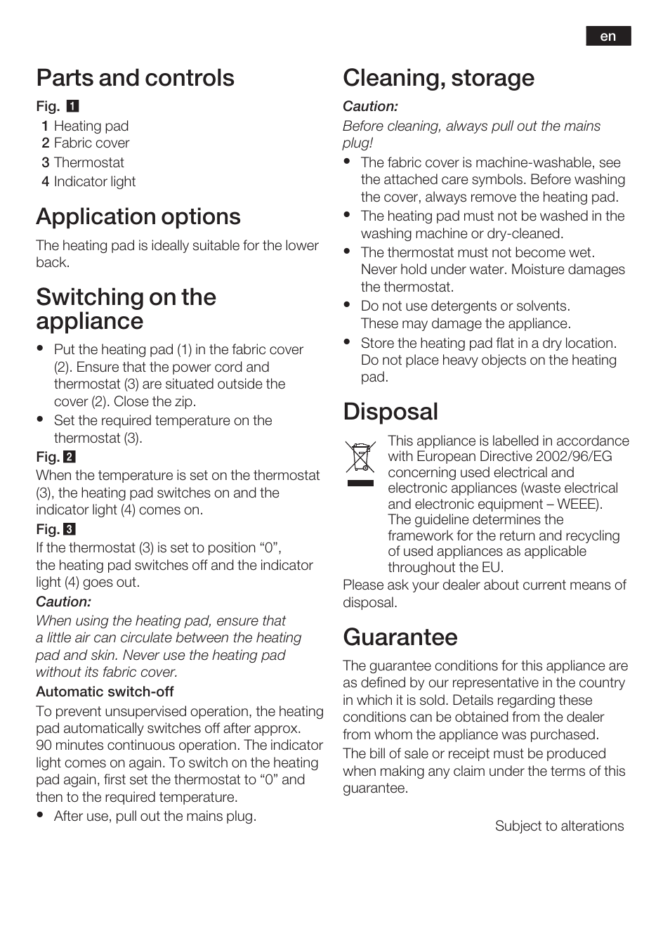 Parts and controls, Switching on the appliance, Cleaning, storage | Disposal, Guarantee, Application options | Bosch PFP5230 Heizkissen relaxxtherm active User Manual | Page 6 / 47